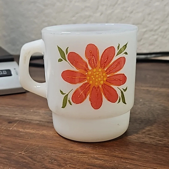 Vintage Anchor Hocking Fire King  Flower Power Stacking Mug Blue & Orange Flower - Picture 3 of 4